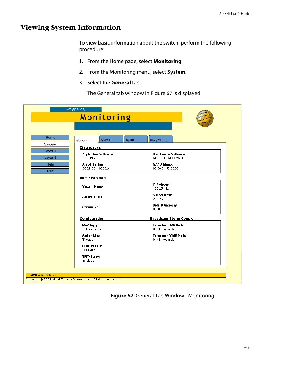 Viewing system information, Figure 67: general tab window - monitoring | Allied Telesis AT-S39 User Manual | Page 218 / 299