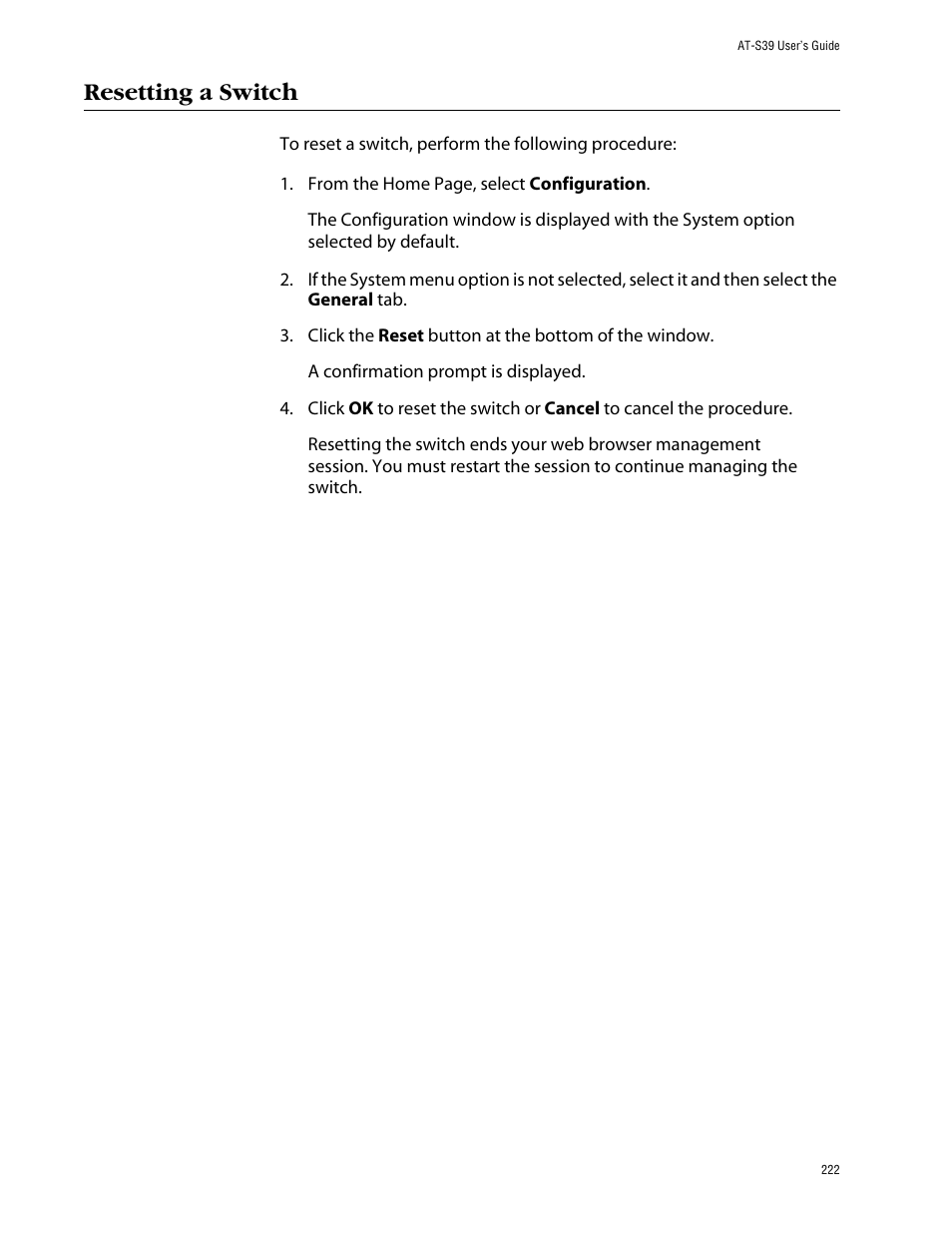 Resetting a switch | Allied Telesis AT-S39 User Manual | Page 222 / 299