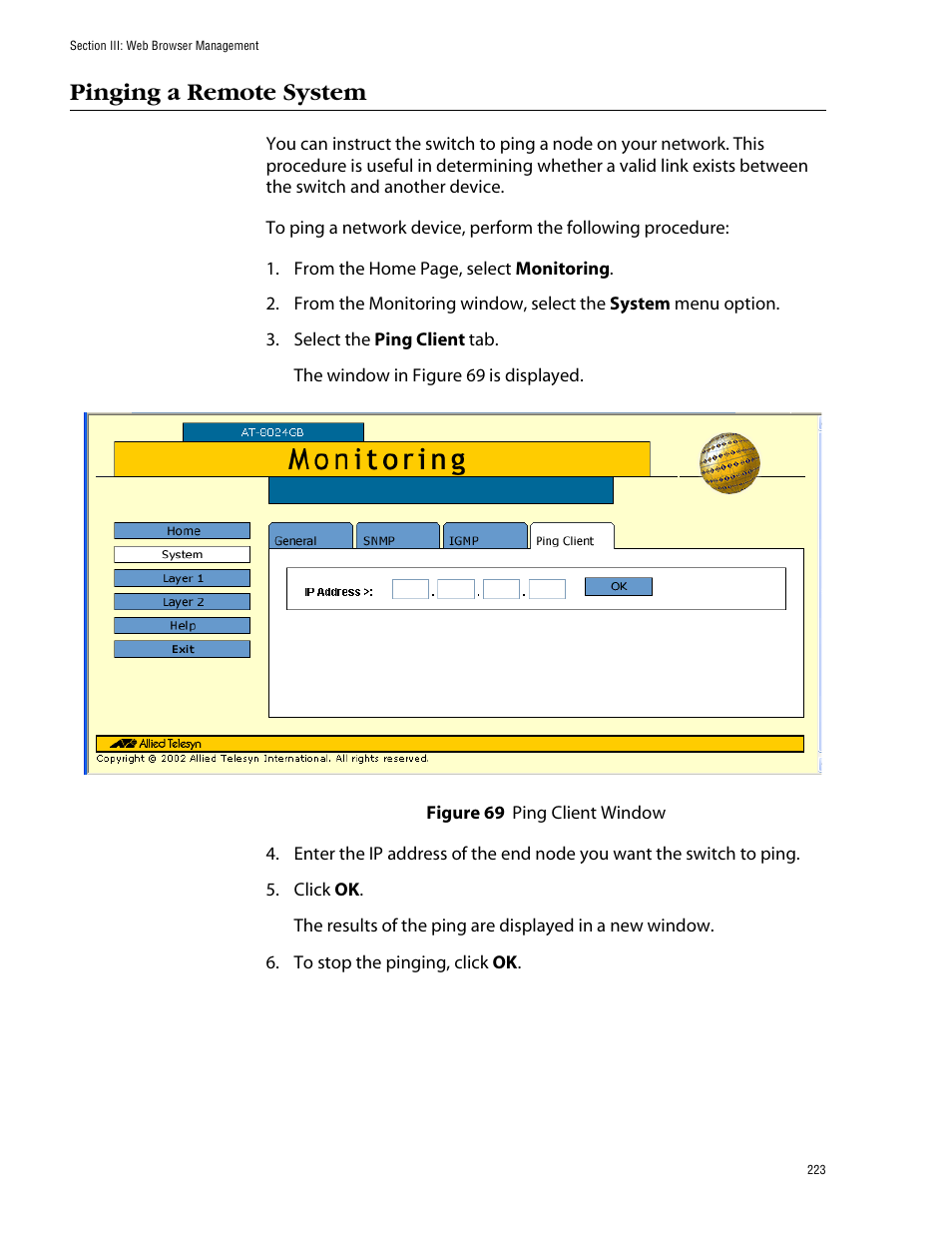 Pinging a remote system, Figure 69: ping client window | Allied Telesis AT-S39 User Manual | Page 223 / 299