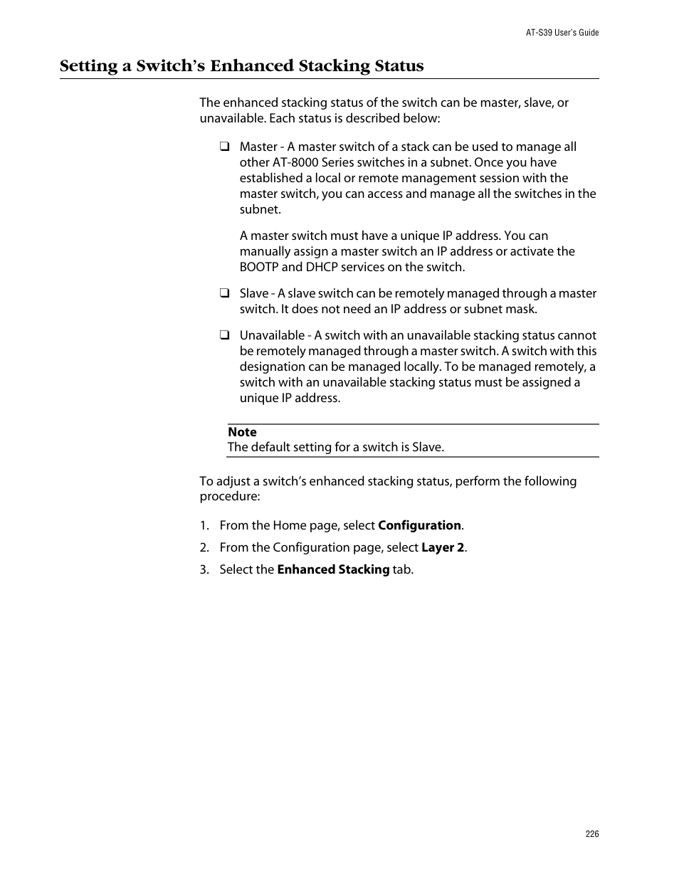 Setting a switch’s enhanced stacking status | Allied Telesis AT-S39 User Manual | Page 226 / 299