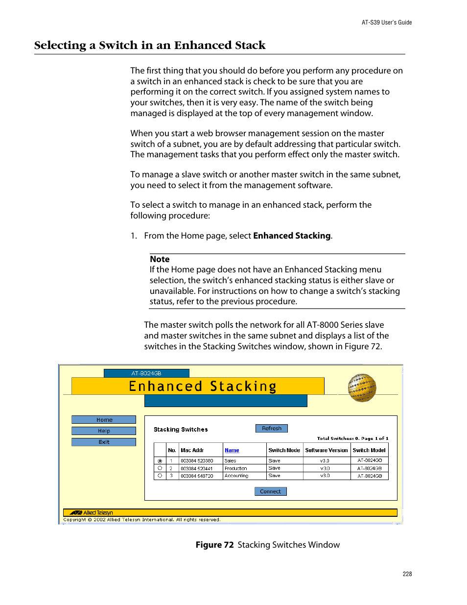 Selecting a switch in an enhanced stack, Figure 72: stacking switches window | Allied Telesis AT-S39 User Manual | Page 228 / 299