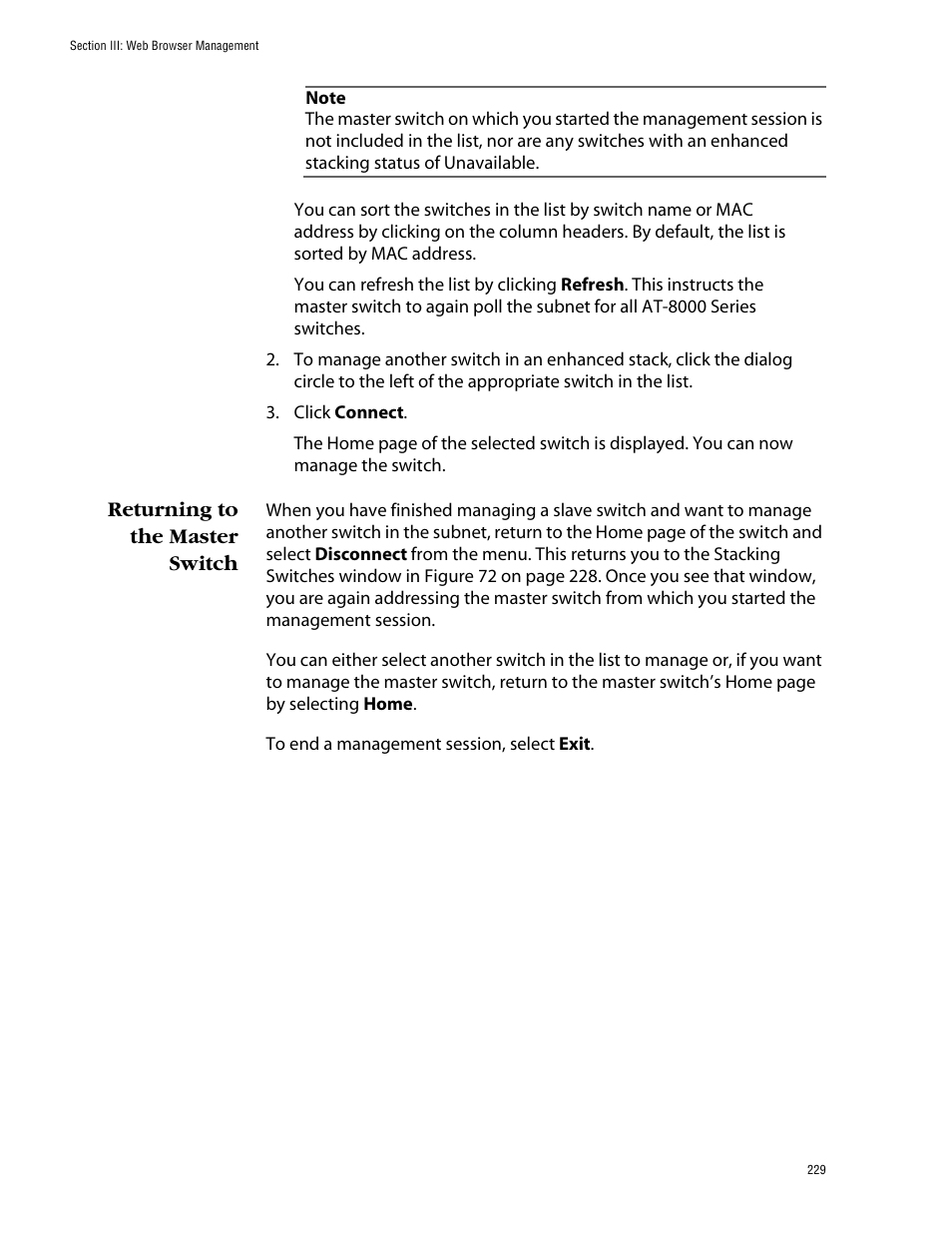 Returning to the master switch | Allied Telesis AT-S39 User Manual | Page 229 / 299