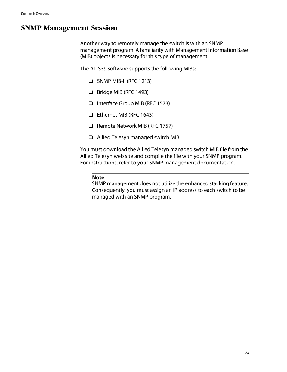 Snmp management session | Allied Telesis AT-S39 User Manual | Page 23 / 299