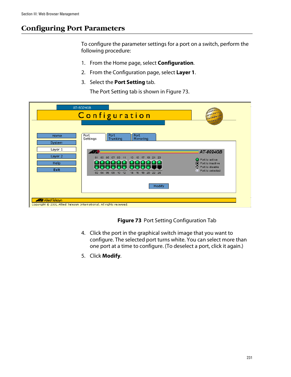 Configuring port parameters, Figure 73: port setting configuration tab | Allied Telesis AT-S39 User Manual | Page 231 / 299