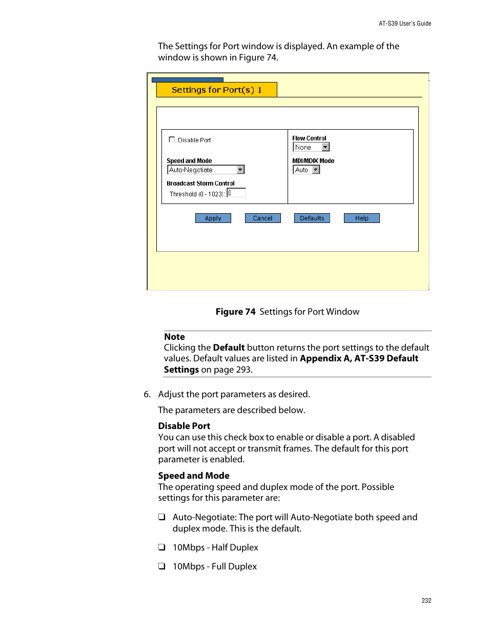 Figure 74: settings for port window | Allied Telesis AT-S39 User Manual | Page 232 / 299