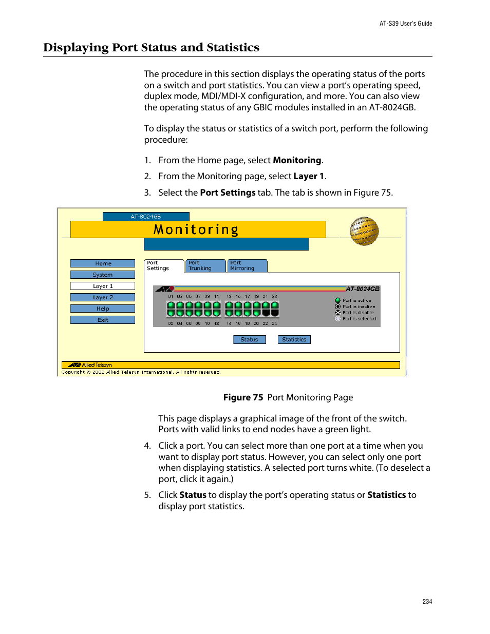 Displaying port status and statistics, At-s39 default settings | Allied Telesis AT-S39 User Manual | Page 234 / 299