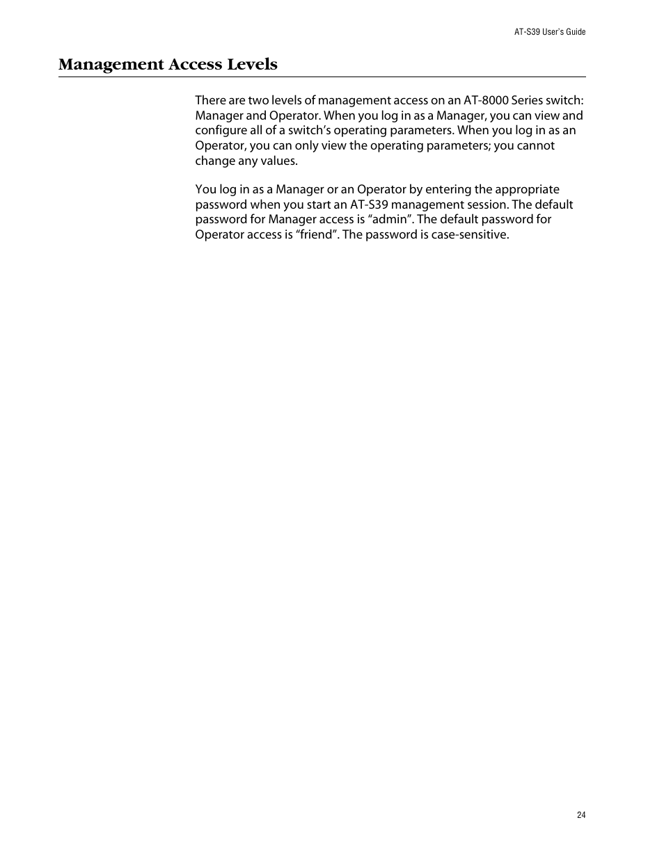 Management access levels | Allied Telesis AT-S39 User Manual | Page 24 / 299