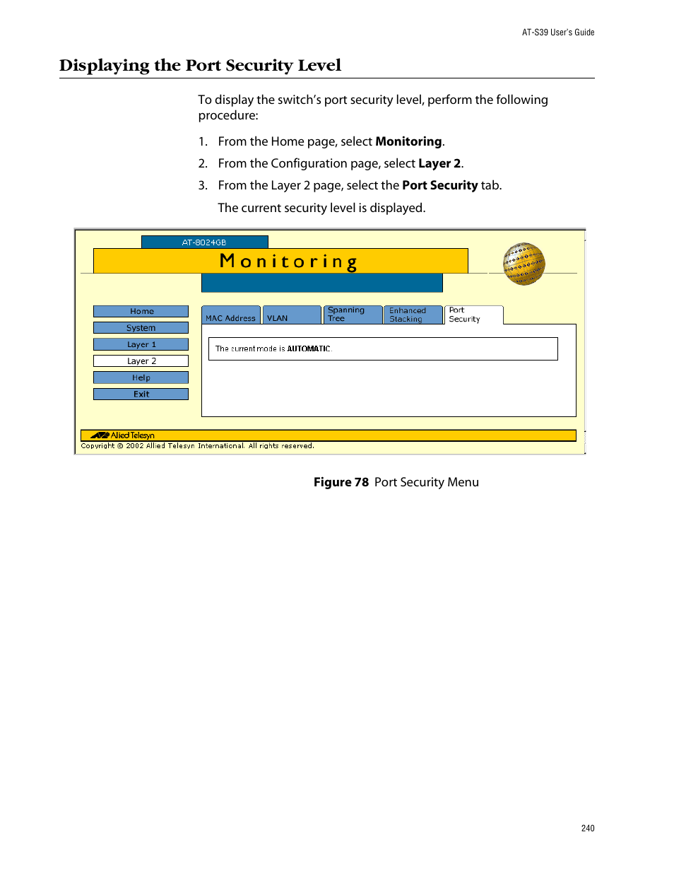 Displaying the port security level, Figure 78: port security menu | Allied Telesis AT-S39 User Manual | Page 240 / 299