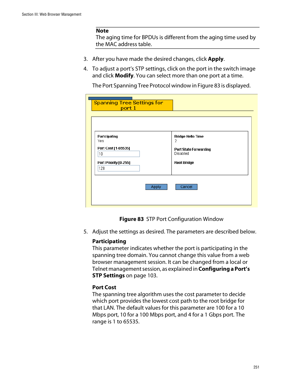 Figure 83: stp port configuration window | Allied Telesis AT-S39 User Manual | Page 251 / 299