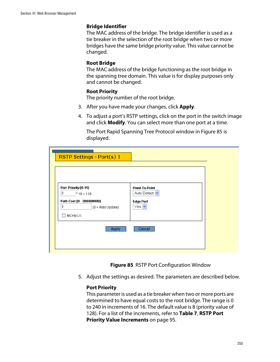 Figure 85: rstp port configuration window | Allied Telesis AT-S39 User Manual | Page 255 / 299
