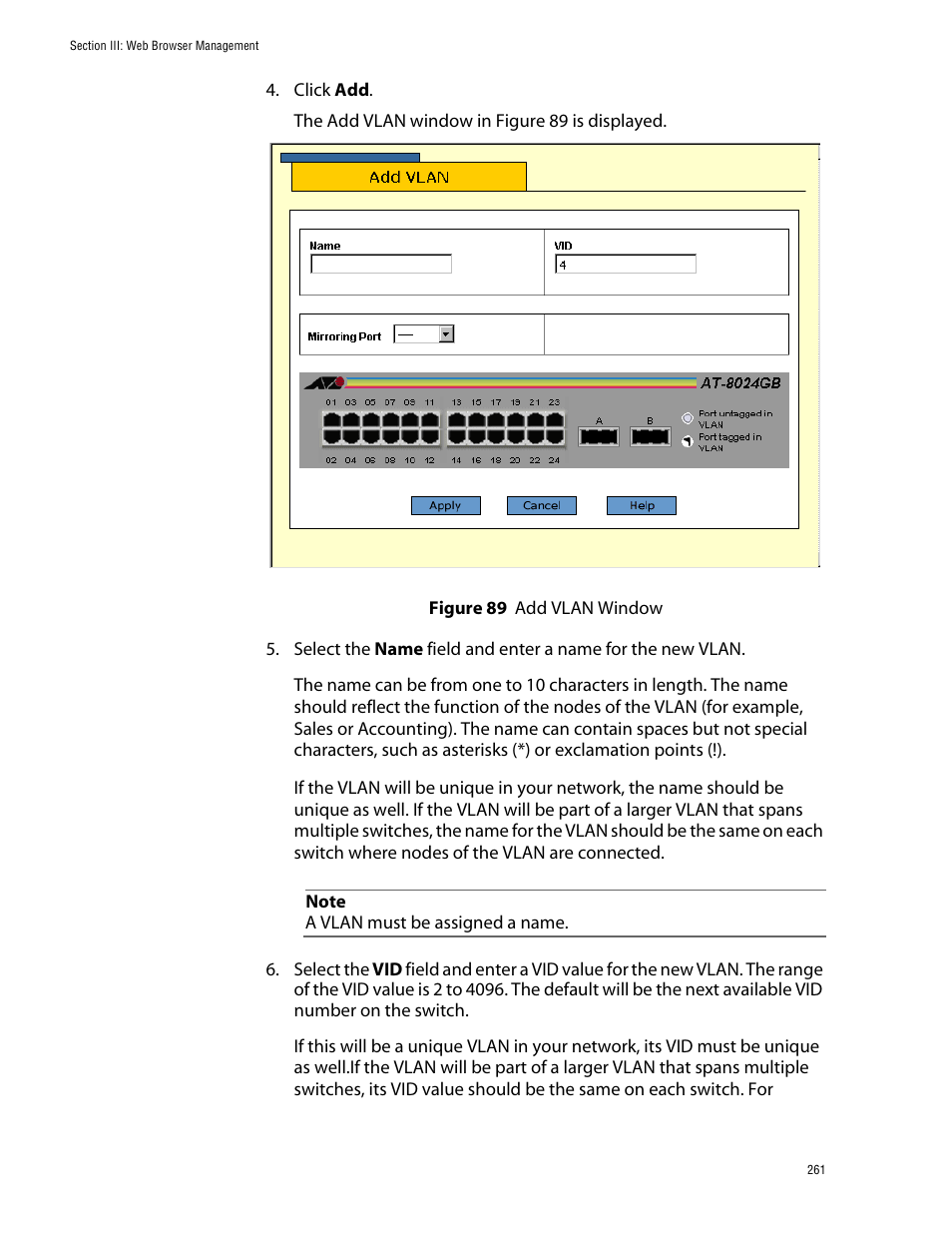 Figure 89: add vlan window | Allied Telesis AT-S39 User Manual | Page 261 / 299