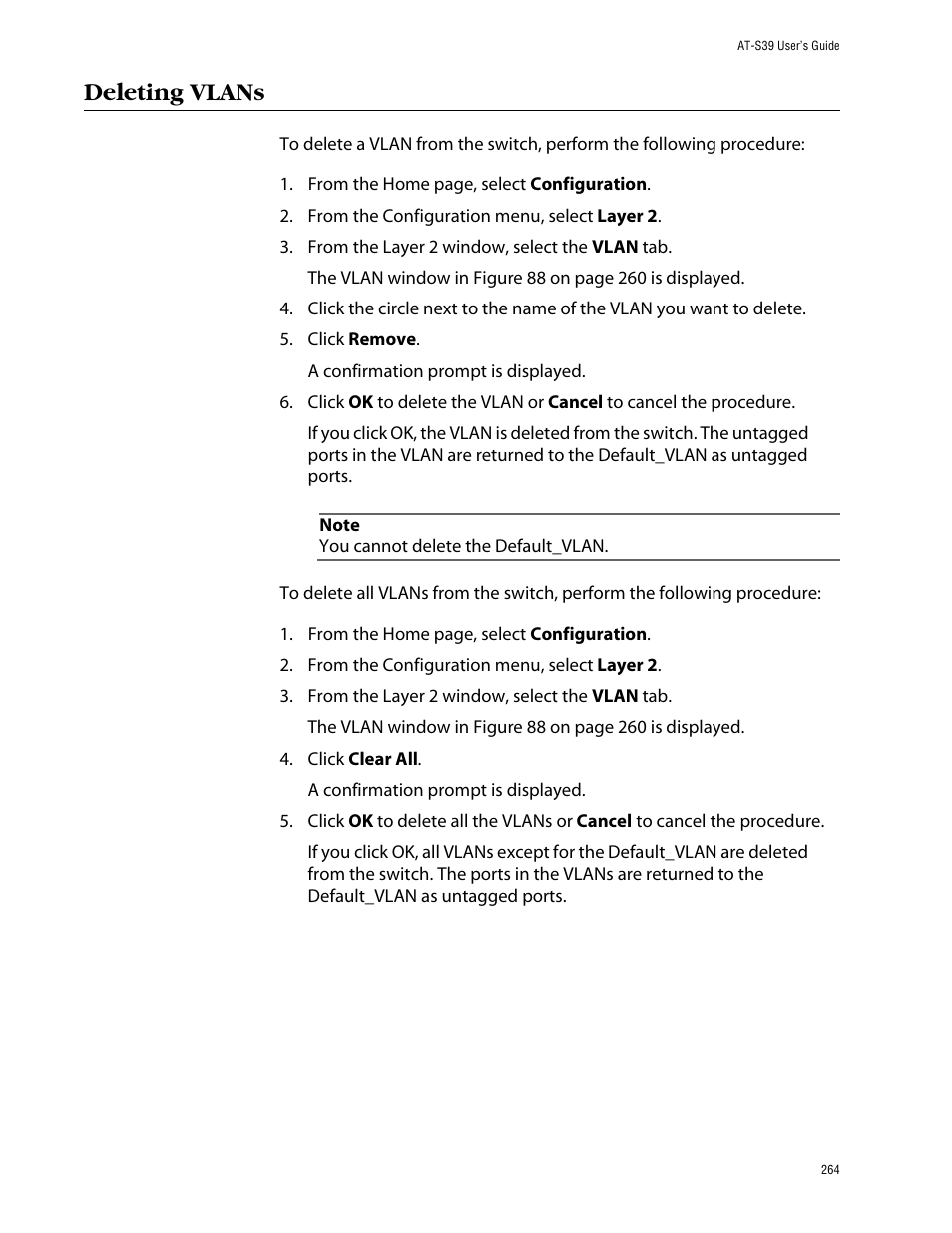 Deleting vlans | Allied Telesis AT-S39 User Manual | Page 264 / 299