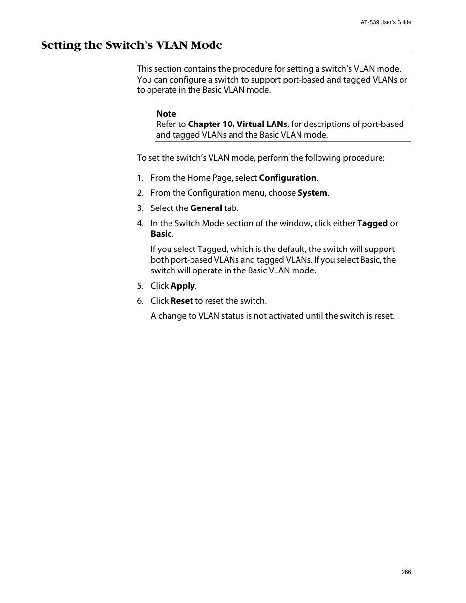 Setting the switch’s vlan mode | Allied Telesis AT-S39 User Manual | Page 266 / 299