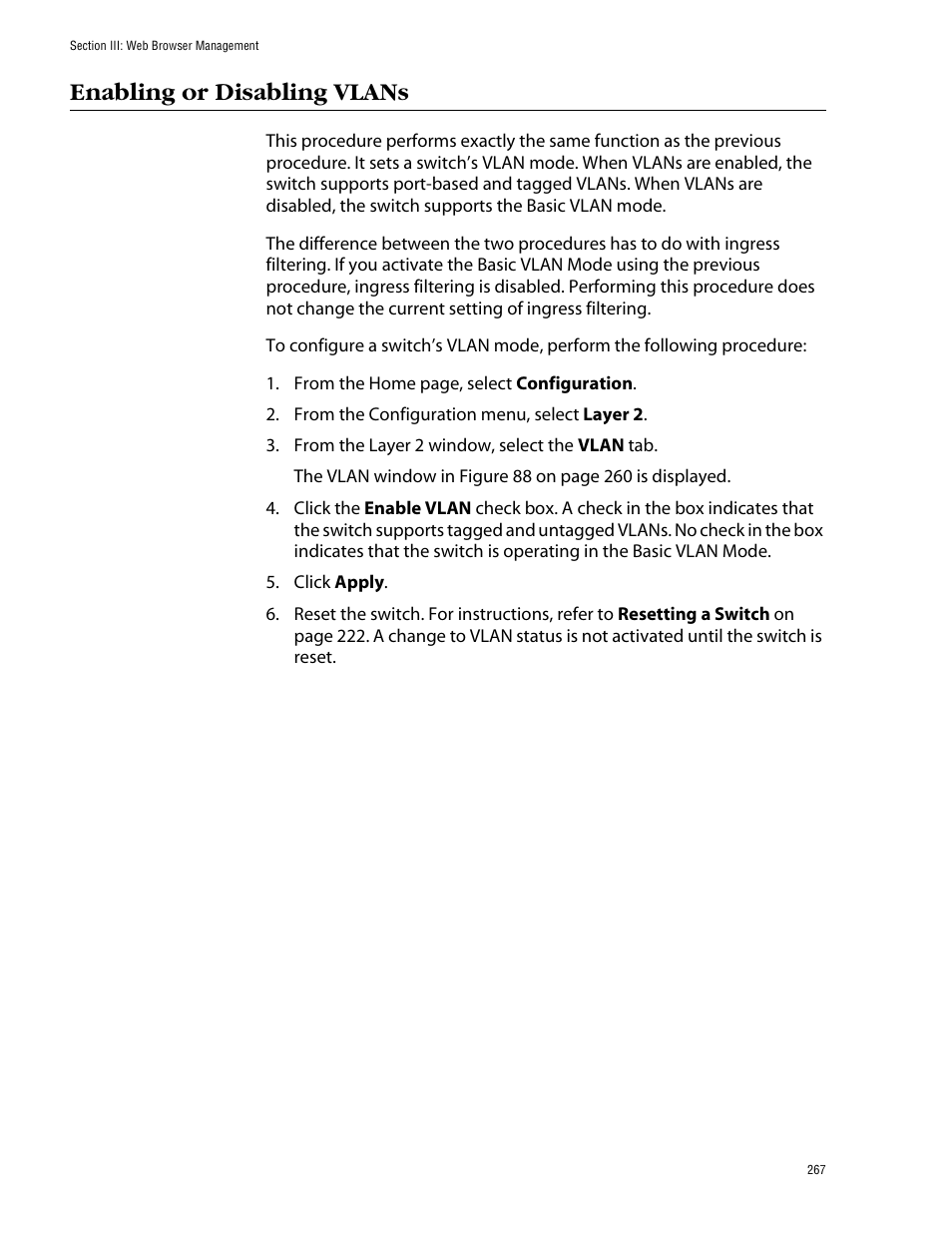 Enabling or disabling vlans | Allied Telesis AT-S39 User Manual | Page 267 / 299