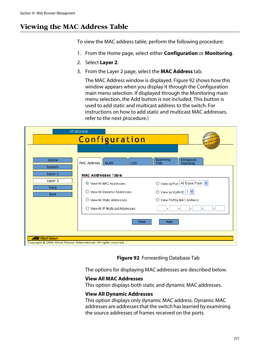 Viewing the mac address table | Allied Telesis AT-S39 User Manual | Page 271 / 299