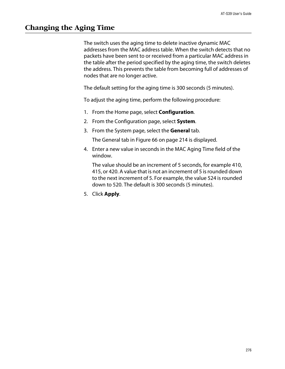 Changing the aging time | Allied Telesis AT-S39 User Manual | Page 276 / 299