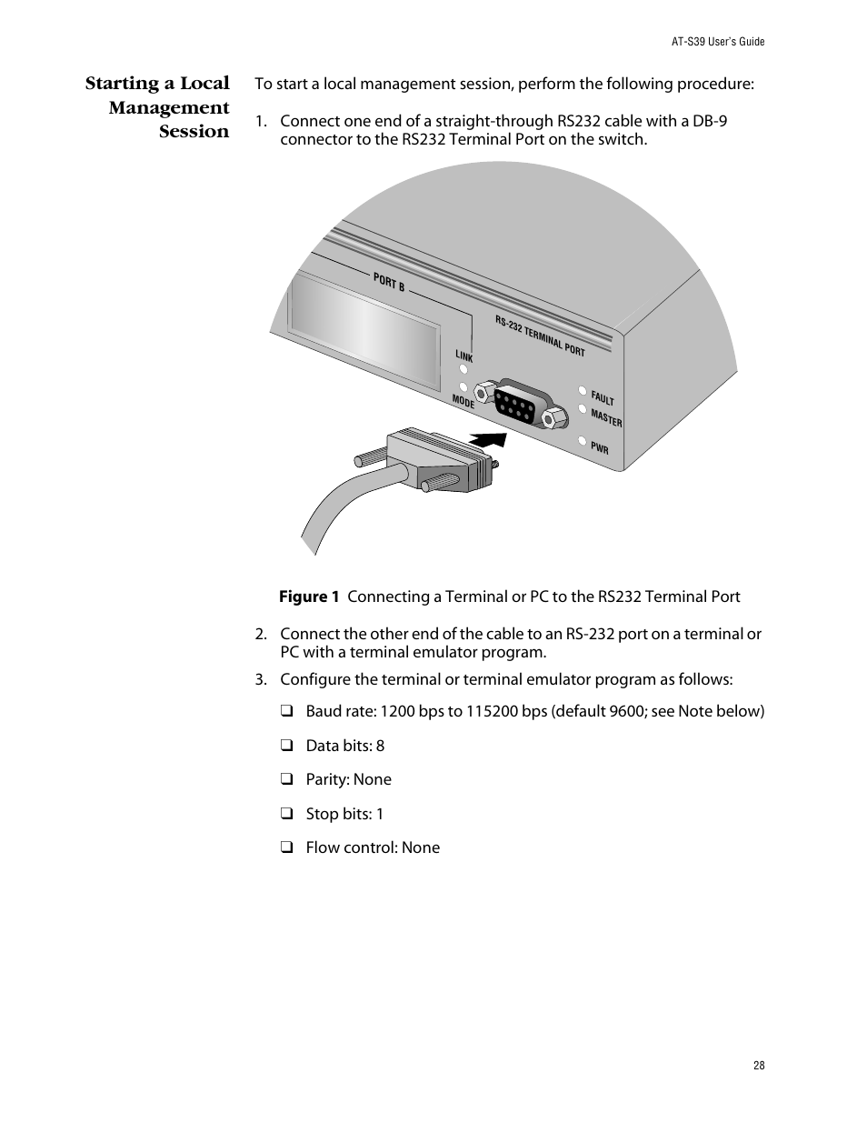 Starting a local management session | Allied Telesis AT-S39 User Manual | Page 28 / 299