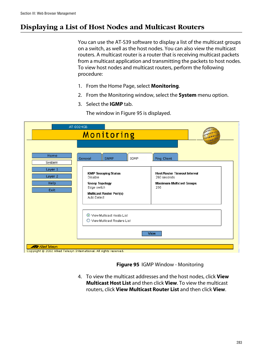 Figure 95: igmp window - monitoring | Allied Telesis AT-S39 User Manual | Page 283 / 299