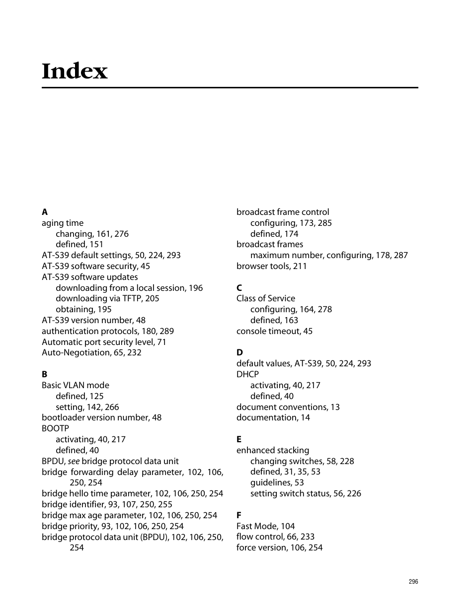 Index | Allied Telesis AT-S39 User Manual | Page 296 / 299