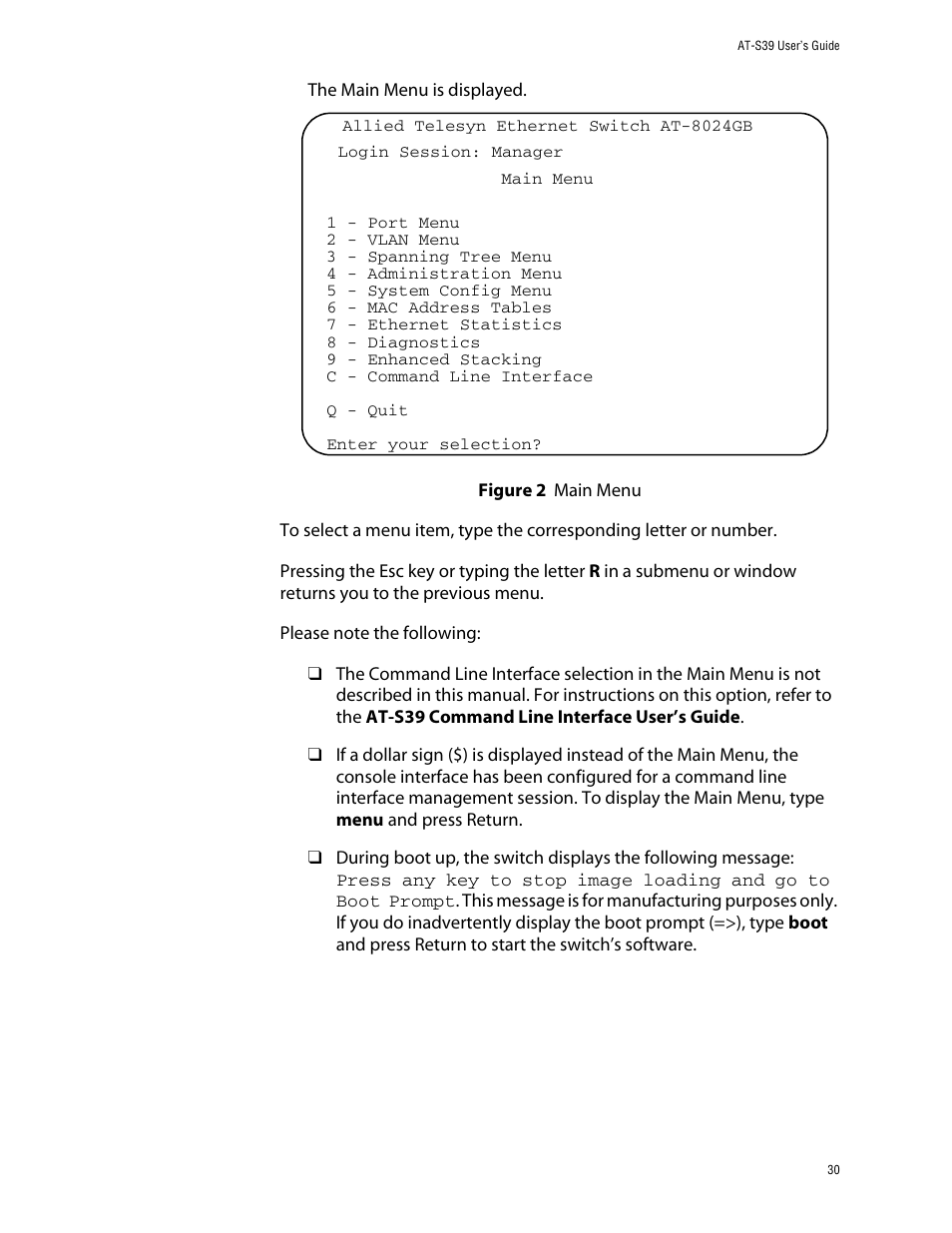 Figure 2: main menu | Allied Telesis AT-S39 User Manual | Page 30 / 299