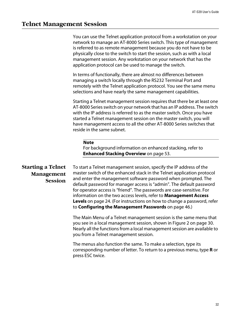 Telnet management session, Starting a telnet management session | Allied Telesis AT-S39 User Manual | Page 32 / 299