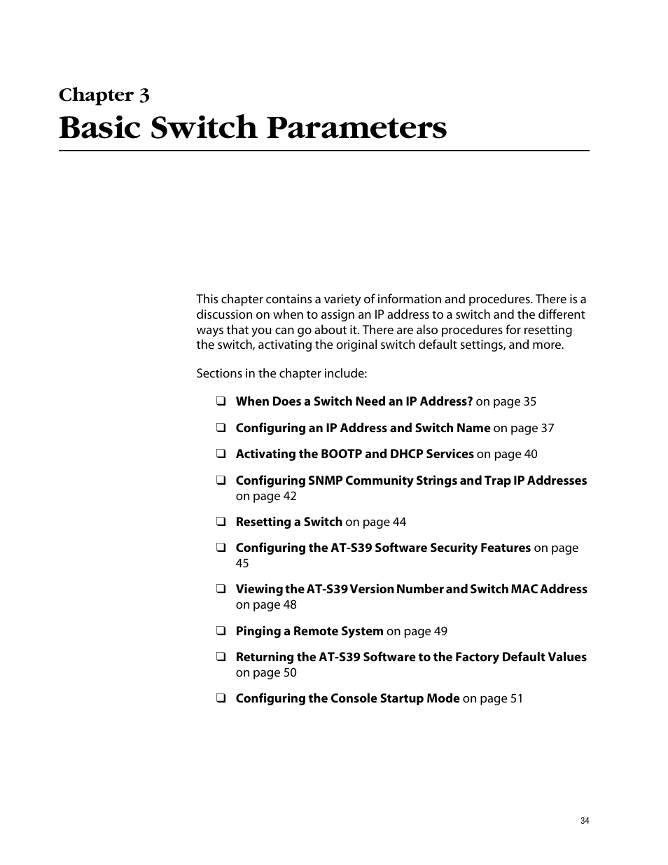 Chapter 3, Basic switch parameters | Allied Telesis AT-S39 User Manual | Page 34 / 299