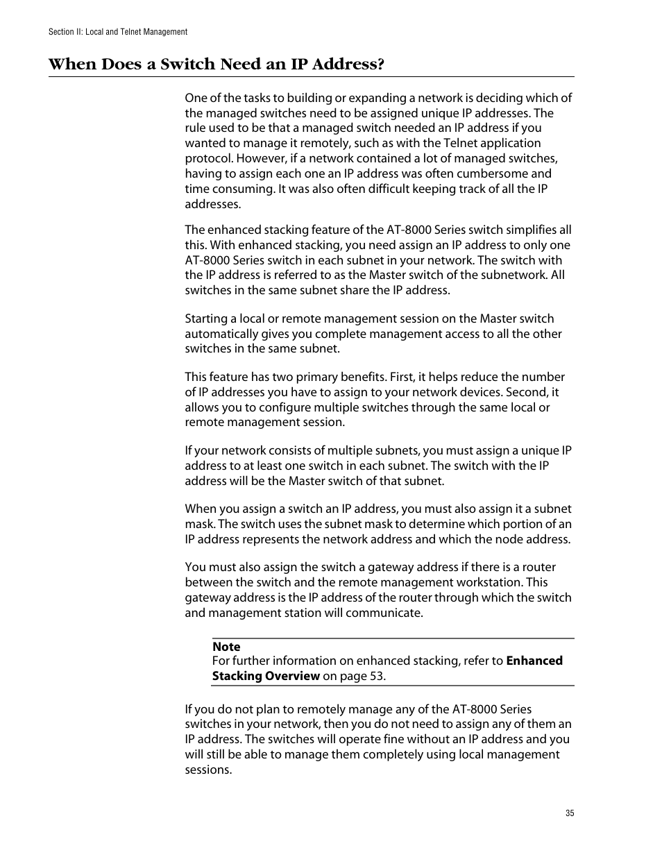 When does a switch need an ip address | Allied Telesis AT-S39 User Manual | Page 35 / 299