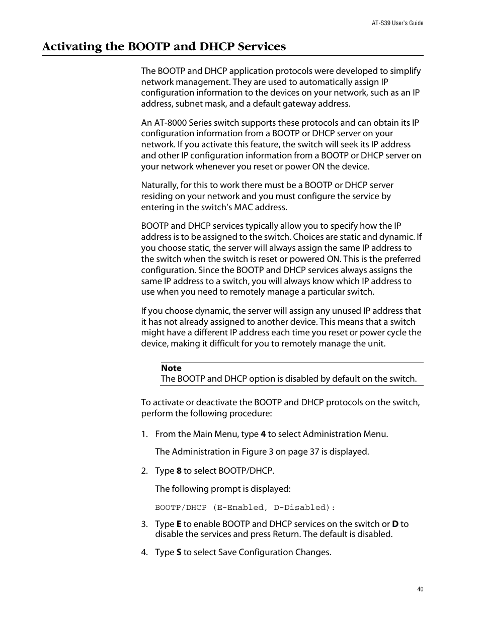 Activating the bootp and dhcp services | Allied Telesis AT-S39 User Manual | Page 40 / 299