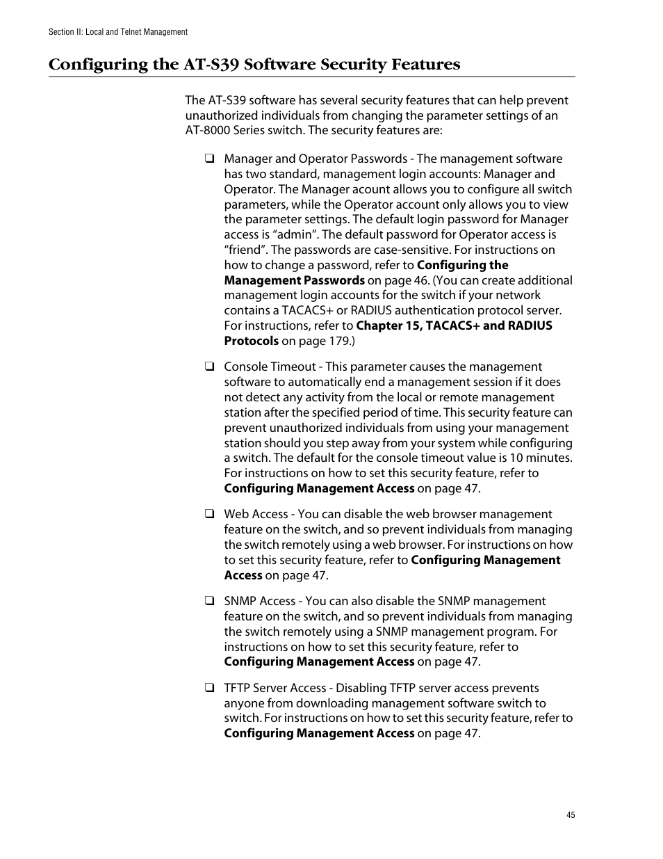 Configuring the at-s39 software security features | Allied Telesis AT-S39 User Manual | Page 45 / 299