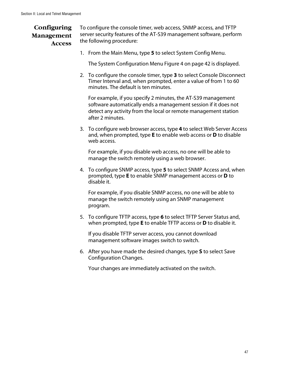 Configuring management access | Allied Telesis AT-S39 User Manual | Page 47 / 299