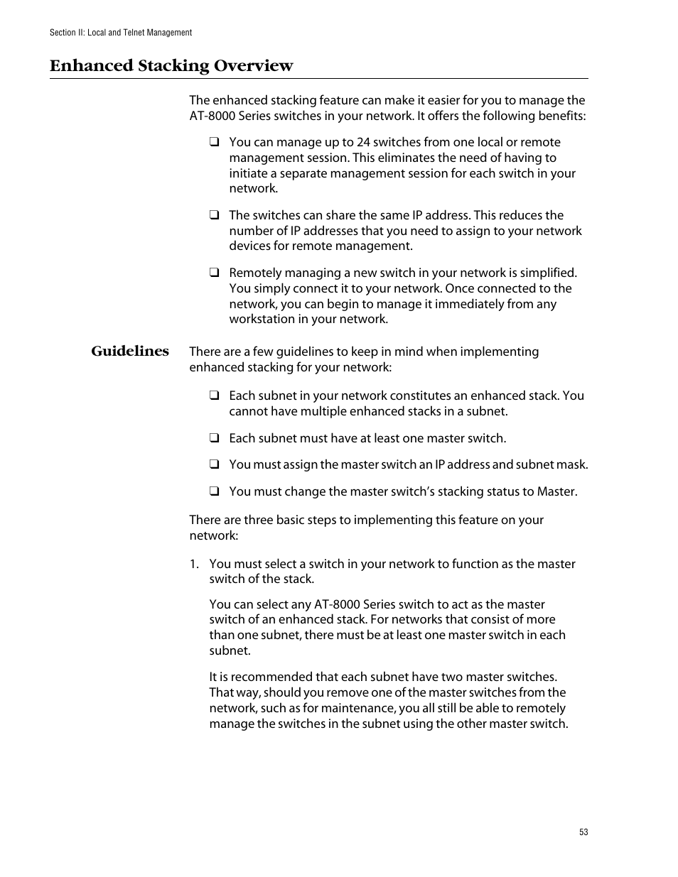 Enhanced stacking overview, Guidelines | Allied Telesis AT-S39 User Manual | Page 53 / 299