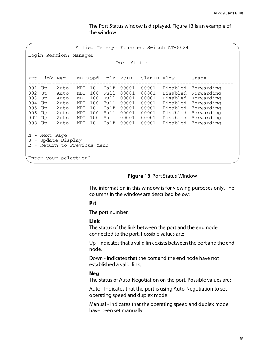 Figure 13: port status window | Allied Telesis AT-S39 User Manual | Page 62 / 299