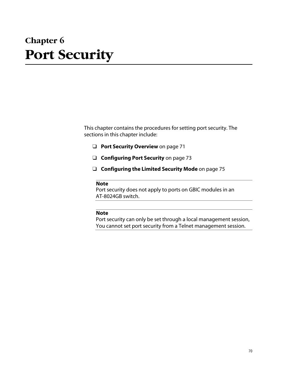 Chapter 6, Port security | Allied Telesis AT-S39 User Manual | Page 70 / 299