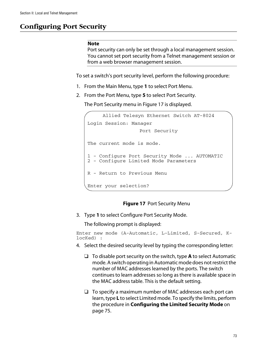 Configuring port security, Figure 17: port security menu | Allied Telesis AT-S39 User Manual | Page 73 / 299