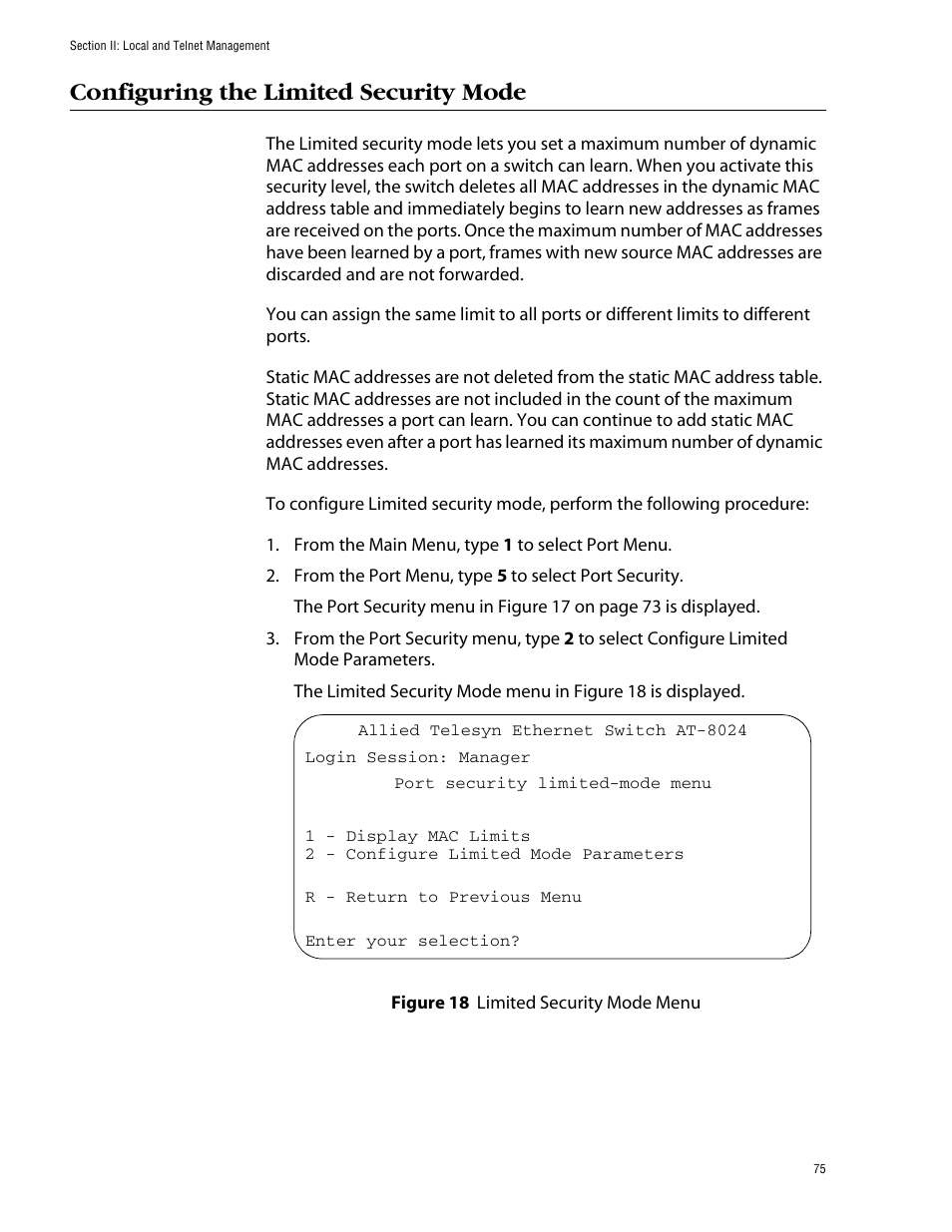 Configuring the limited security mode, Figure 18: limited security mode menu | Allied Telesis AT-S39 User Manual | Page 75 / 299