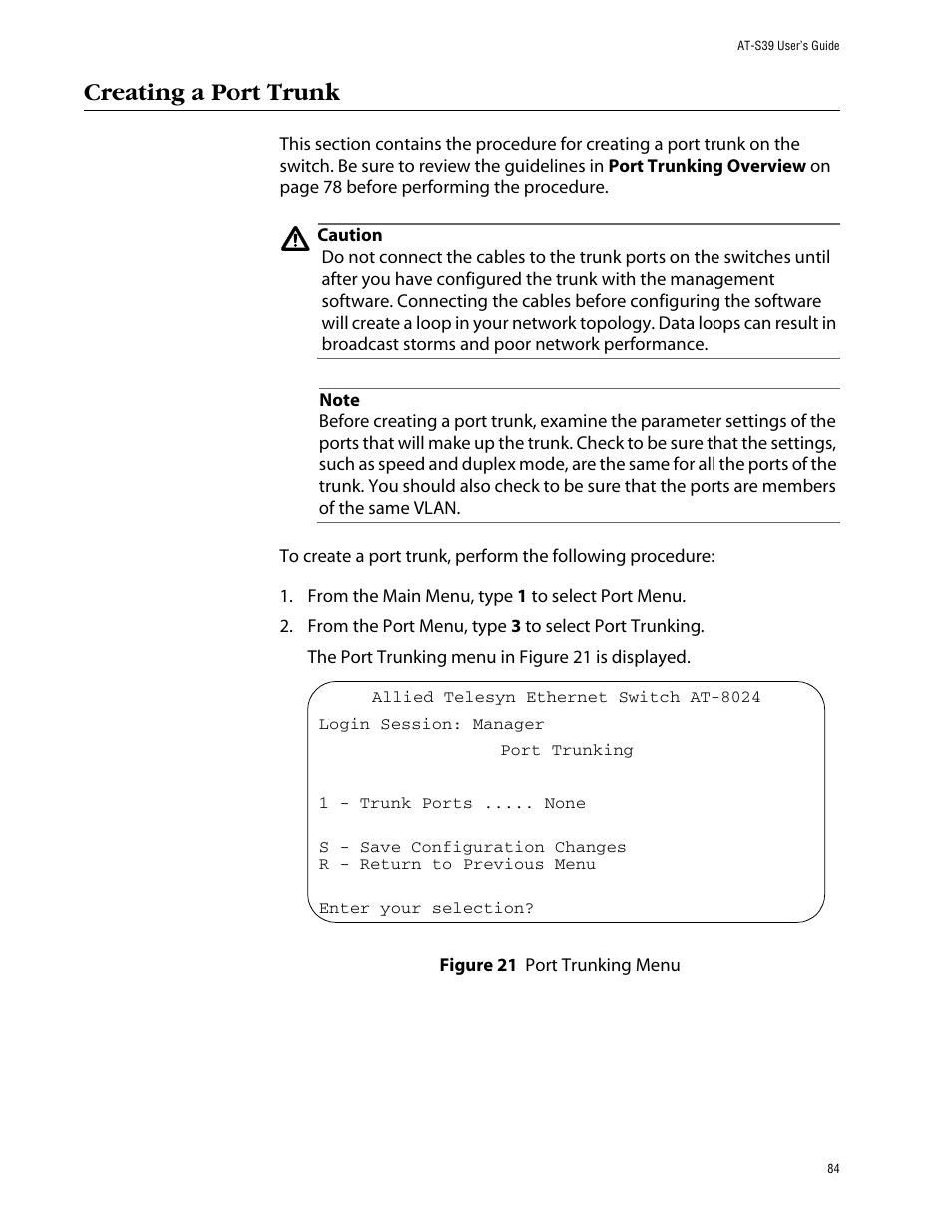 Creating a port trunk, Figure 21: port trunking menu | Allied Telesis AT-S39 User Manual | Page 84 / 299