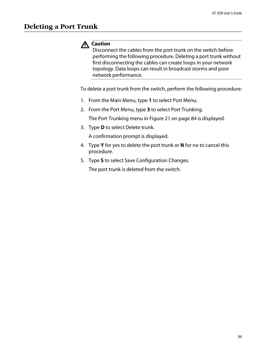 Deleting a port trunk | Allied Telesis AT-S39 User Manual | Page 86 / 299