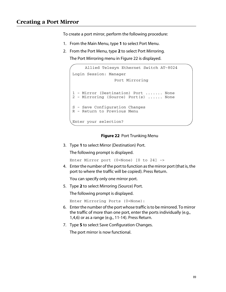 Creating a port mirror, Figure 22: port trunking menu | Allied Telesis AT-S39 User Manual | Page 89 / 299