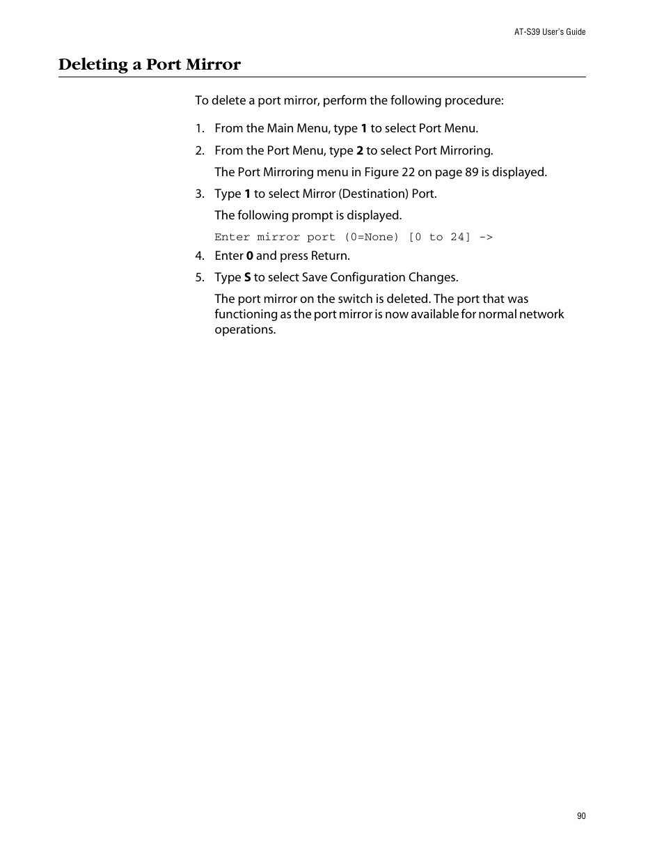 Deleting a port mirror | Allied Telesis AT-S39 User Manual | Page 90 / 299