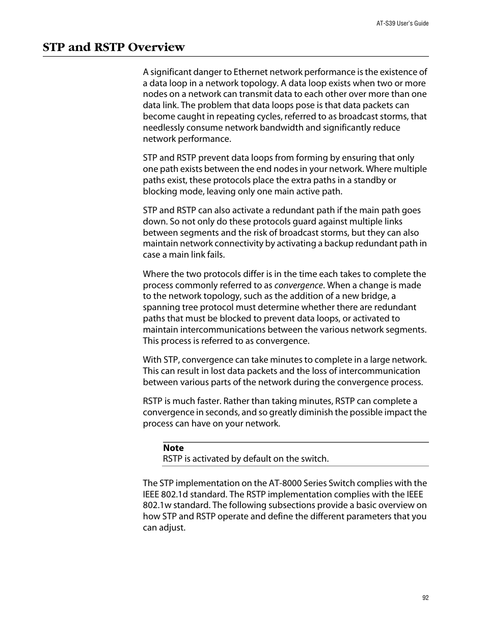 Stp and rstp overview | Allied Telesis AT-S39 User Manual | Page 92 / 299