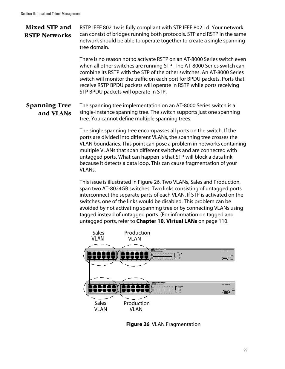 Mixed stp and rstp networks, Spanning tree and vlans, Displaying a list of host nodes | Figure 26: vlan fragmentation | Allied Telesis AT-S39 User Manual | Page 99 / 299