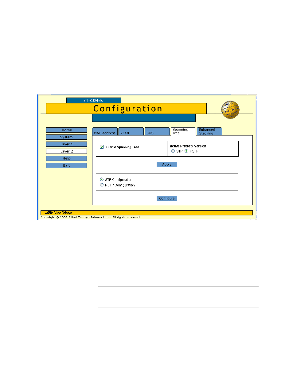 Enabling or disabling stp or rstp | Allied Telesis AT-S39 User Manual | Page 267 / 319