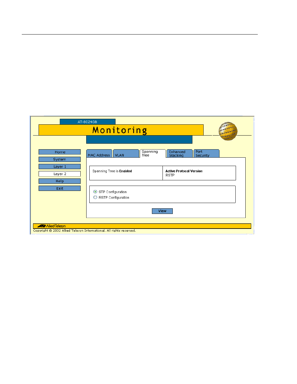 Displaying stp or rstp settings | Allied Telesis AT-S39 User Manual | Page 276 / 319