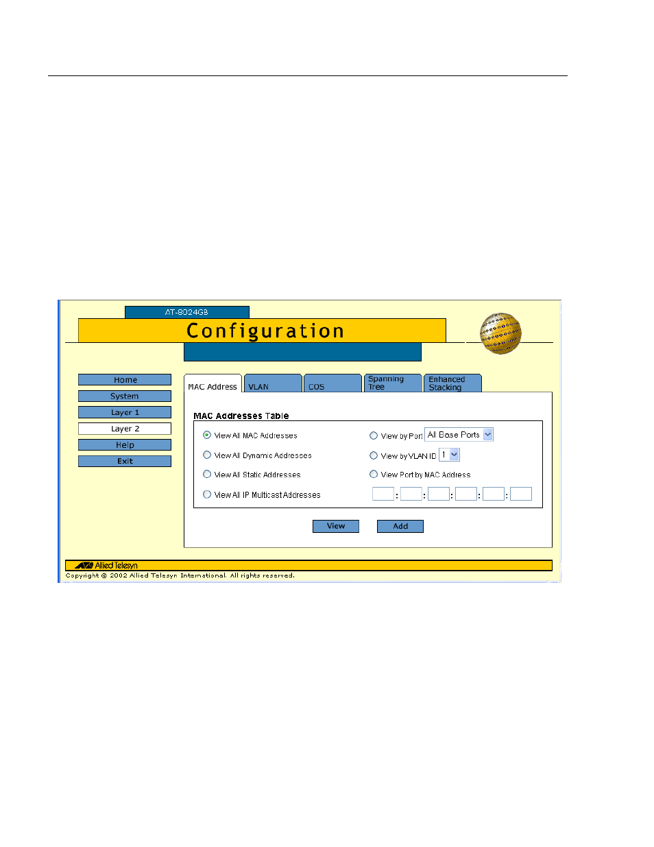 Viewing the mac address table, Figure 93: forwarding database tab | Allied Telesis AT-S39 User Manual | Page 290 / 319