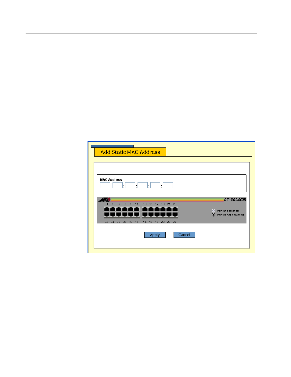 Adding static and multicast mac addresses, Figure 94: add static mac address menu | Allied Telesis AT-S39 User Manual | Page 293 / 319