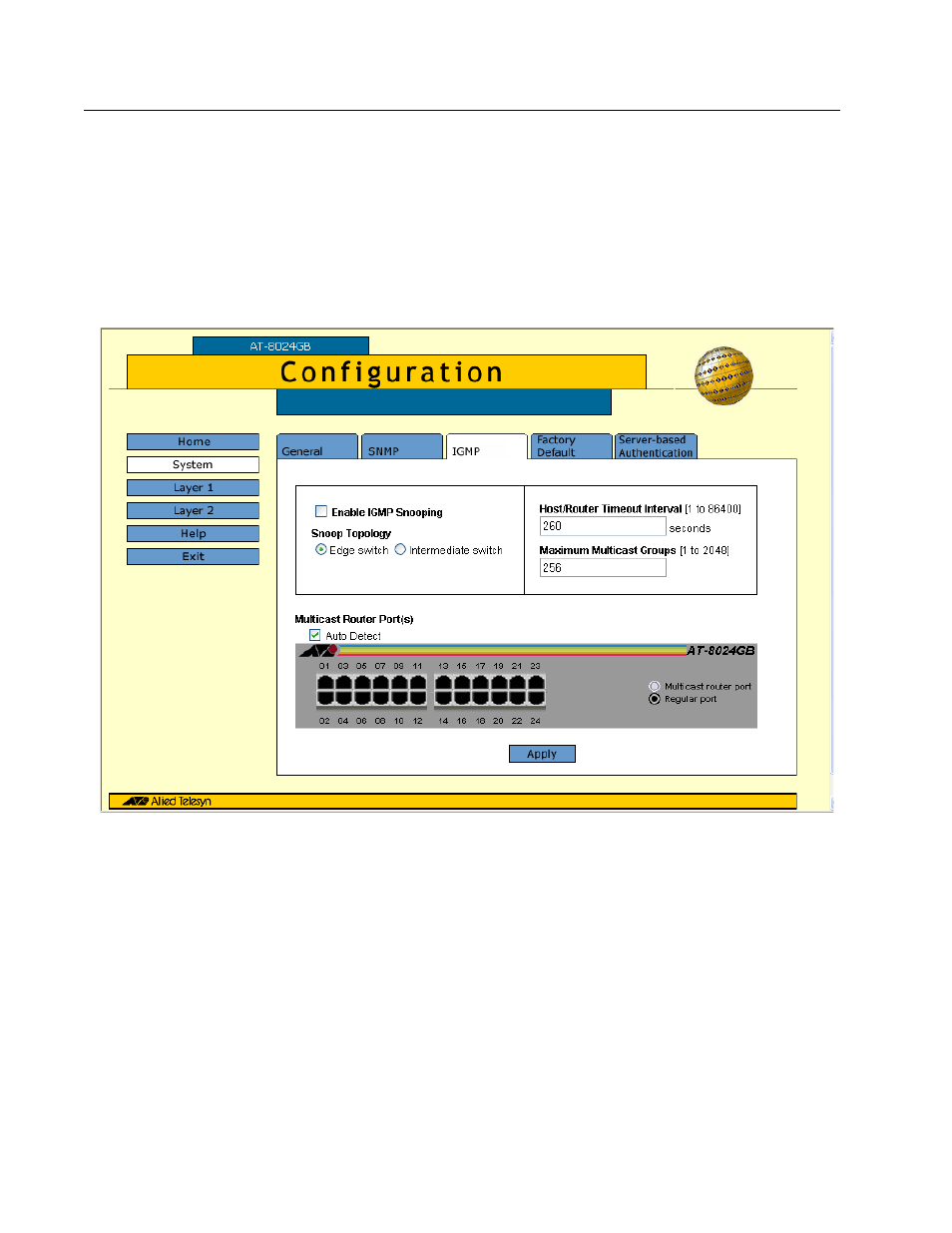 Configuring igmp snooping, Figure 95: igmp menu - configuration | Allied Telesis AT-S39 User Manual | Page 299 / 319