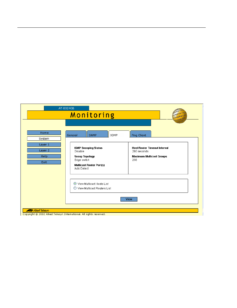 Figure 96: igmp window - monitoring | Allied Telesis AT-S39 User Manual | Page 302 / 319