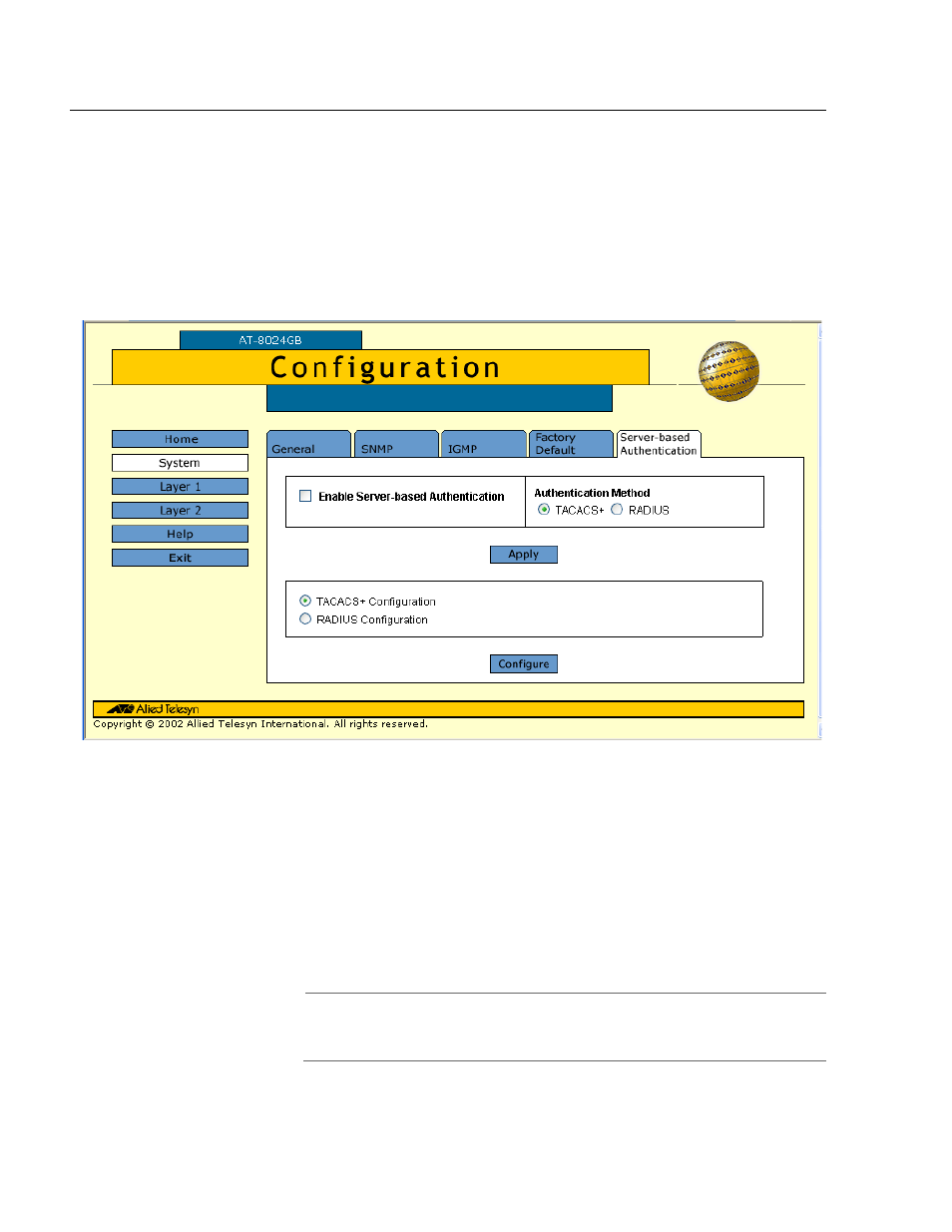 Configuring tacacs+ and radius, Figure 97: server-based authentication tab | Allied Telesis AT-S39 User Manual | Page 308 / 319