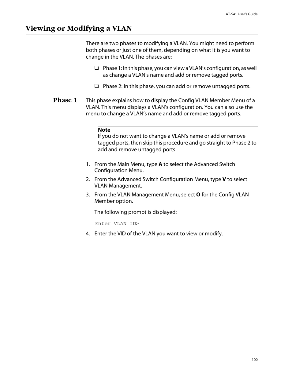 Viewing or modifying a vlan, Phase 1 | Allied Telesis AT-S41 User Manual | Page 100 / 233