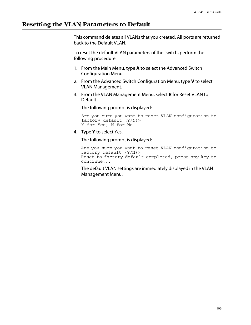 Resetting the vlan parameters to default | Allied Telesis AT-S41 User Manual | Page 106 / 233